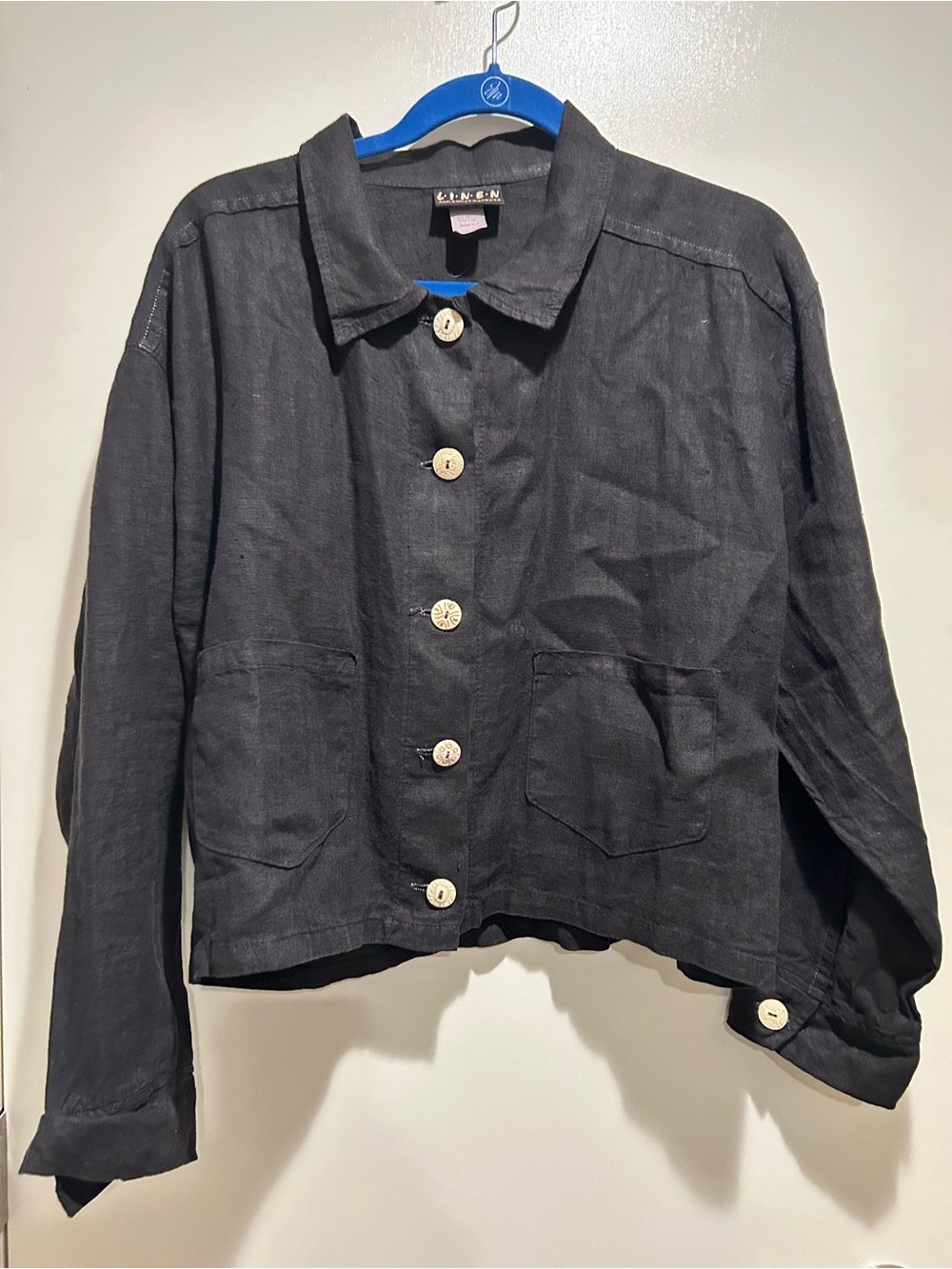 Casual Button-Front Linen Blazer - Black